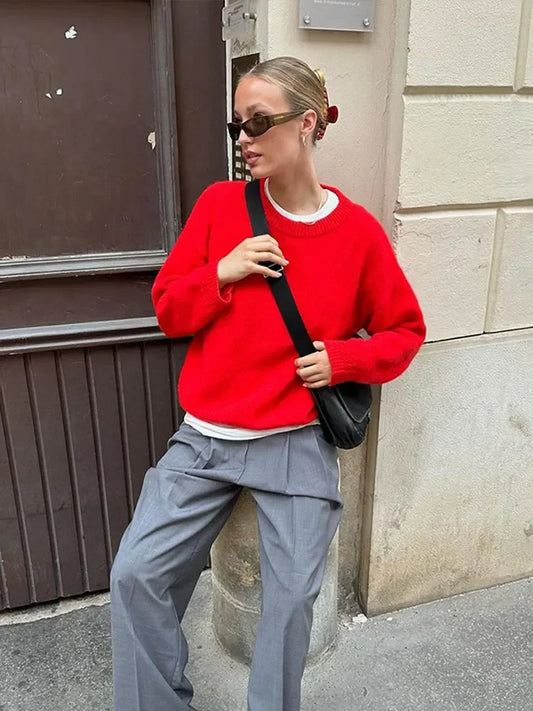 Pull Rouge Col Rond Chic pour Femme, Manches Longues Élégantes, Coupe Ample Décontractée – Tendance Automne 2024