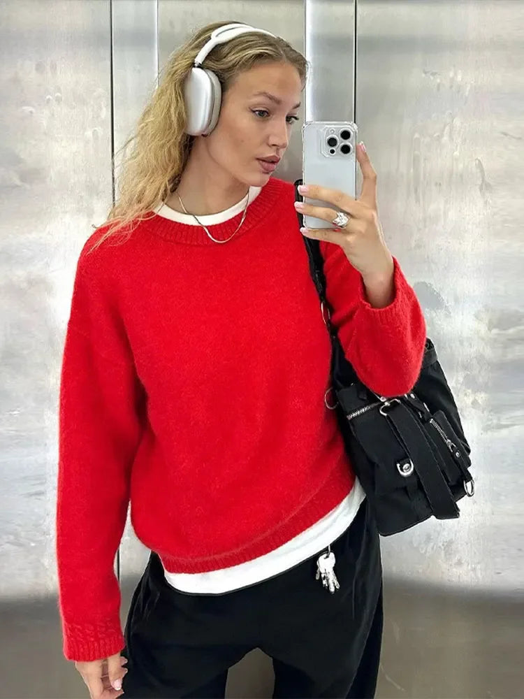 Pull Rouge Col Rond Chic pour Femme, Manches Longues Élégantes, Coupe Ample Décontractée – Tendance Automne 2024