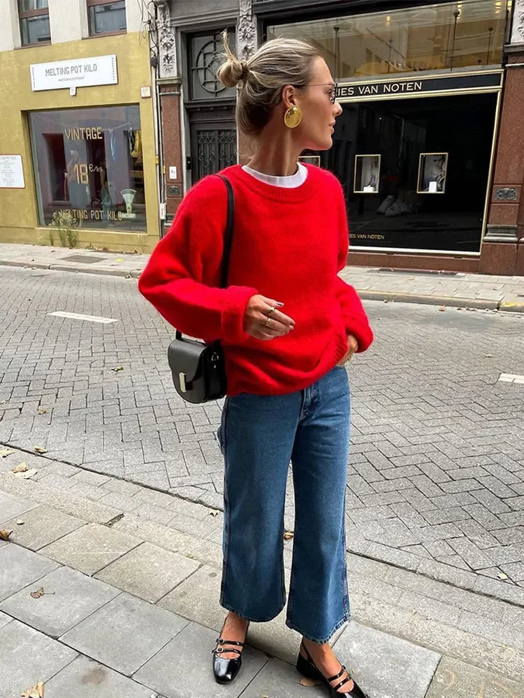 Pull Rouge Col Rond Chic pour Femme, Manches Longues Élégantes, Coupe Ample Décontractée – Tendance Automne 2024